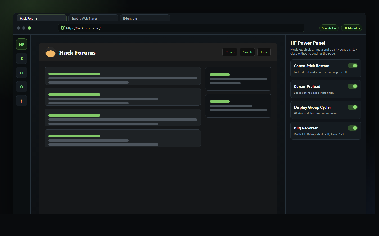 Obsidian Browser showing HackForums, HF Power Panel and active Shields